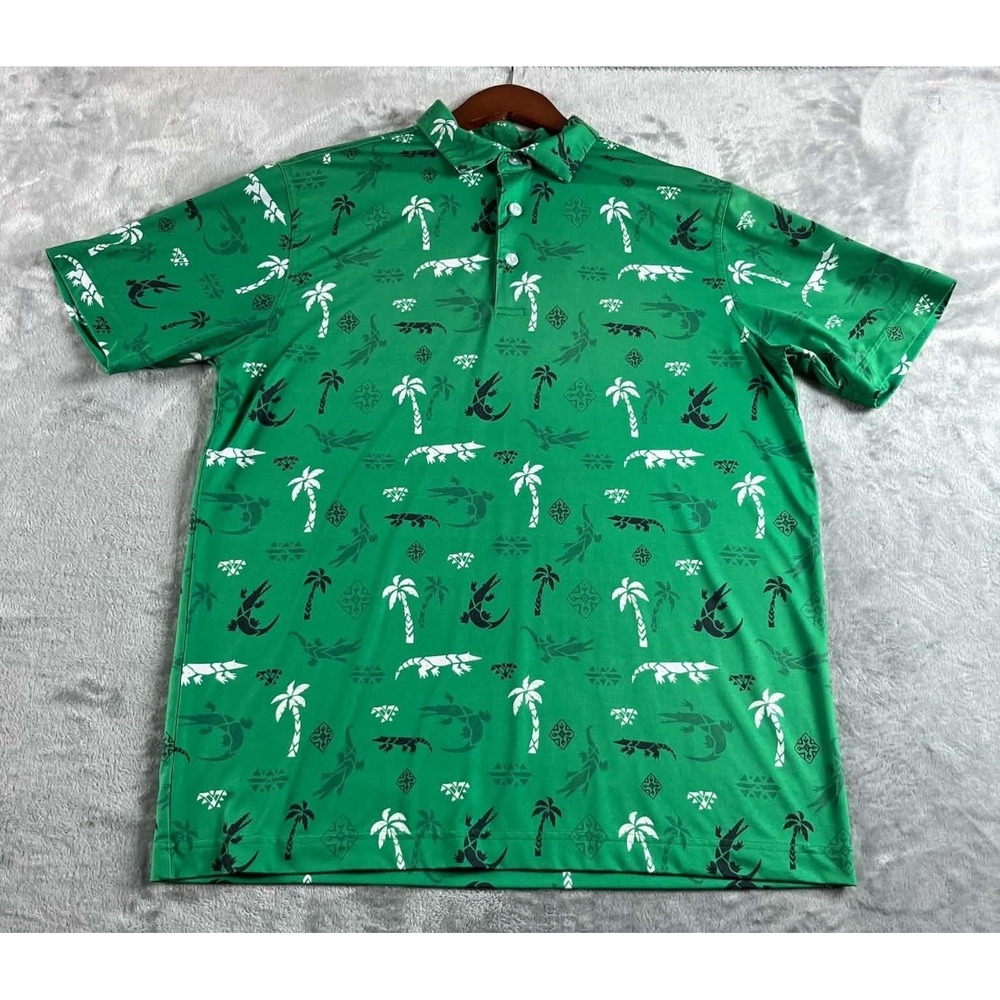 Waggle Polo Shirt Mens Large Green Tropical Gator Golf Performance Stretch READ